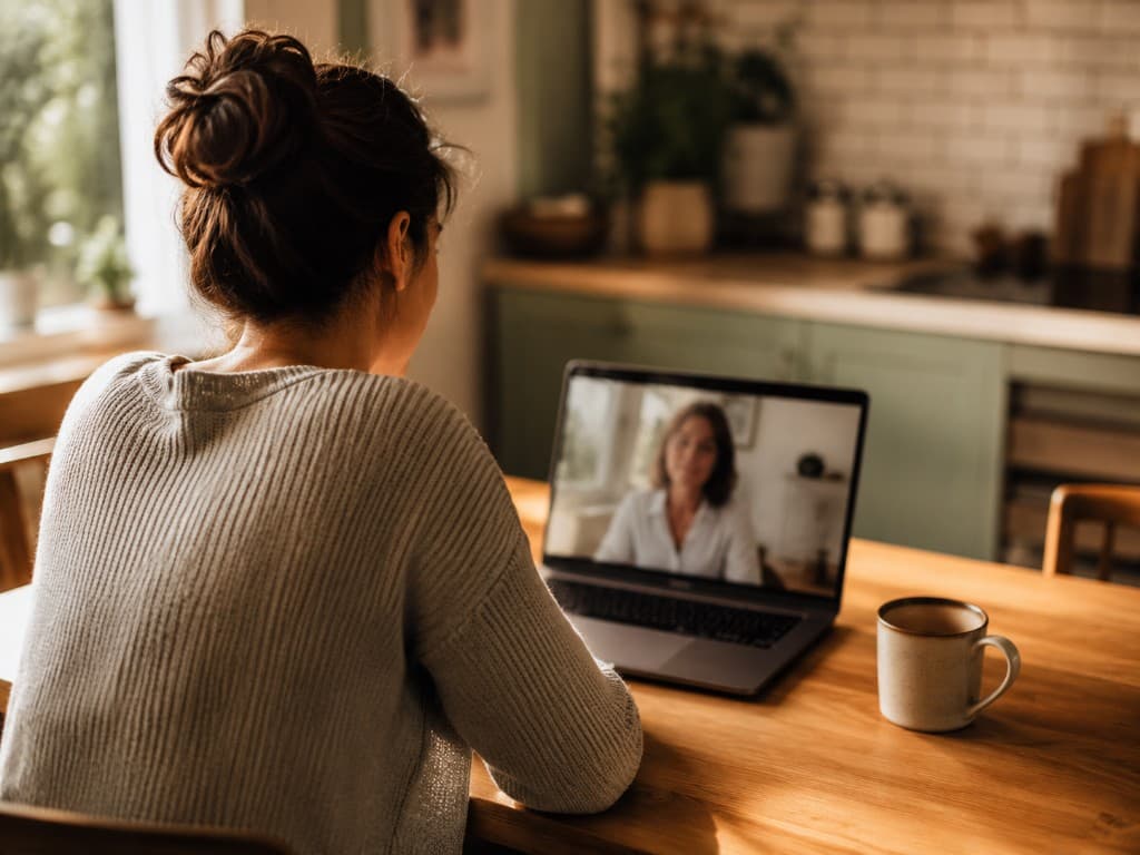 Woman on a video call with a clinician from home