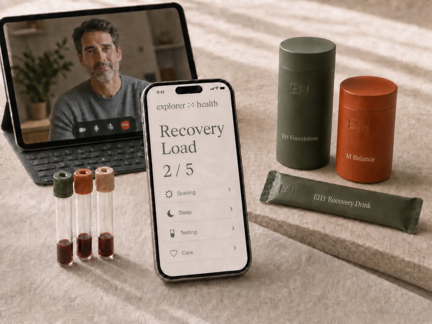Phone showing Recovery Load recommendations alongside biomarker testing, clinician care, and optional Explorer Health products