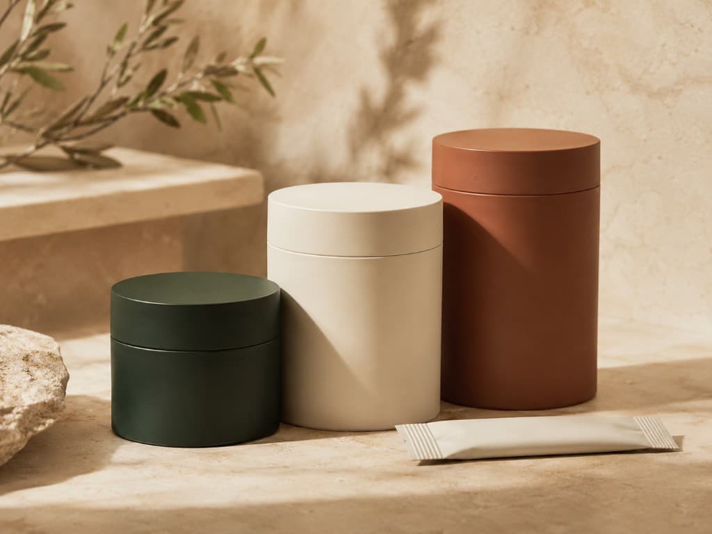 Explorer Health protocol canisters and a single-serve sachet on stone