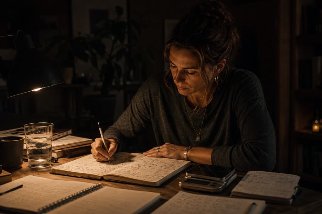 A woman journaling by lamplight at a desk covered in notebooks.