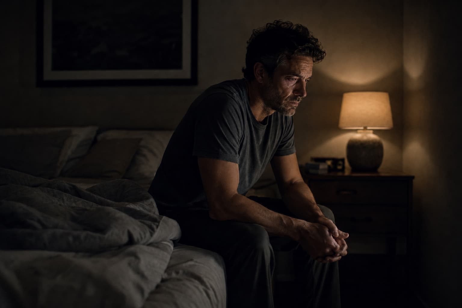 A man sitting on the edge of a bed at night, deep in thought.
